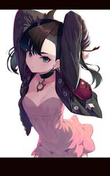  arms_behind_head bad_id bad_twitter_id black_hair breasts choker commentary cowboy_shot cropped_jacket dress earrings female green_eyes highres jacket jewelry letterboxed marnie_(pokemon) pink_dress pokemon pokemon_swsh small_breasts solo soya_(torga) undercut white_background 