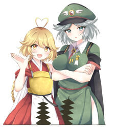  1other androgynous antenna_hair armor blonde_hair braid breastplate breasts collared_shirt commentary_request crossed_arms female fujiwara_no_shirogane_no_sanra genderswap_(otf) green_headwear grey_eyes grey_hair hand_up hat heart_antenna_hair height_difference highres japanese_clothes large_breasts len&#039;en long_hair military military_uniform ooama_no_ake_no_mitori open_mouth ougi_hina rule_63 shirt short_hair short_sleeves smile twin_braids uniform white_shirt yellow_eyes yin_yang 