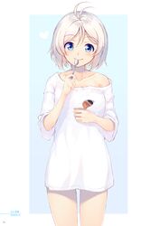  .live absurdres ahoge antenna_hair blue_background blue_eyes blush collarbone dated dennou_shoujo_siro female food head_tilt heart highres holding looking_at_viewer nijihashi_sora page_number pudding shiny_skin shirt short_hair short_sleeves simple_background solo spoon t-shirt tareme utensil_in_mouth virtual_youtuber white_hair 