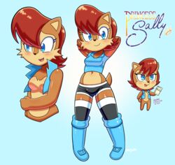  anthro archie_comics blue_eyes blush breasts brown_body brown_fur chipmunk clothed clothing crop_top disfigure female fur ground_squirrel hair hi_res looking_at_viewer mammal midriff navel red_hair rodent sally_acorn sciurid sega shirt simple_background solo sonic_the_hedgehog_(archie) sonic_the_hedgehog_(comics) sonic_the_hedgehog_(series) text topwear 