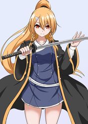  black_coat blue_dress braid buttons closed_mouth coat collarbone double-breasted dress female grey_background hair_ornament hairclip hands_up highres holding holding_sword holding_weapon katana kijinmaru_kunishige_(tenka_hyakken) long_hair long_sleeves looking_at_viewer nagishy orange_eyes orange_hair ponytail smile solo sword tenka_hyakken twin_braids weapon 