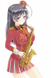  ahoge aiguillette alternate_costume alto_saxophone band_uniform black_eyes black_hair buttons closed_mouth commentary cowboy_shot double-breasted epaulettes female girls_und_panzer hat holding holding_instrument holding_saxophone instrument isuzu_hana jacket long_hair long_sleeves marching_band mini_hat miniskirt pleated_skirt red_hat red_jacket red_skirt saxophone simple_background skirt smile solo standing white_background yurikuta_tsukumi 