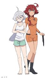  2girls ahoge aqua_eyes aqua_shorts barefoot black_socks bodysuit collarbone commentary covered_navel crossed_arms dated full_body grey_eyes grey_hair gundam gundam_suisei_no_majo highres hip_vent holding_hairband light_frown long_hair looking_at_another looking_at_viewer low_ponytail miorine_rembran multiple_girls one_eye_closed orange_bodysuit red_hair shorts simple_background socks standing suletta_mercury swept_bangs takatisakana thick_eyebrows undershirt white_background 