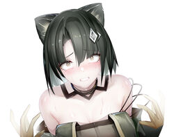  animal_ears arknights asymmetrical_bangs bad_id bad_pixiv_id bare_shoulders binggong_asylum black_hair blush breasts brown_dress brown_eyes cat_ears cleavage clenched_teeth crying crying_with_eyes_open detached_collar detached_sleeves dress female from_above hair_ornament highres looking_at_viewer looking_up mandragora_(arknights) medium_breasts parted_lips short_hair simple_background solo strapless strapless_dress sweat tears teeth upper_body white_background wide-eyed 