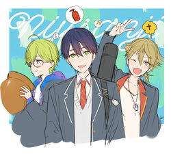  3boys :d ;d ahoge arm_up beamed_eighth_notes blazer blush closed_mouth copyright_name eighth_note fushimi_gaku fushimi_gaku_(1st_costume) glasses green_eyes green_hair hair_between_eyes highres holding jacket jewelry kenmochi_touya kenmochi_touya_(1st_costume) kippu long_sleeves looking_at_viewer male_focus mole mole_under_eye multiple_boys musical_note necktie nijisanji one_eye_closed open_clothes open_jacket open_mouth pendant school_uniform semi-rimless_eyewear shibuya_hajime shibuya_hajime_(1st_costume) signature smile spoken_musical_note under-rim_eyewear v virtual_youtuber 