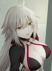  ahoge breasts fate/grand_order fate_(series) female hair_between_eyes hasebe_akira highres jacket jeanne_d&#039;arc_alter_(fate) jeanne_d&#039;arc_alter_(swimsuit_berserker)_(fate) long_hair looking_at_viewer open_clothes open_jacket pale_skin smile solo swimsuit white_hair yellow_eyes 