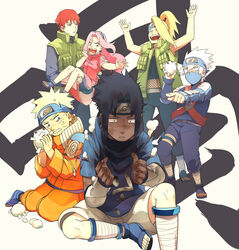  5boys :d aged_down animal arms_up beige_background black_eyes black_hair blonde_hair blue_eyes blue_pants blue_shirt carrying clay closed_eyes deidara_(naruto) explosive facial_mark female forehead forehead_protector frog full_body green_eyes green_shorts green_vest hatake_kakashi holding index_finger_raised jacket konohagakure_symbol lolicon long_hair mask mouth_mask multiple_boys naruto naruto_(series) naruto_shippuuden ninja ninja_mask oba-min open_clothes open_mouth open_vest orange_jacket orange_pants pants pink_hair pointing ponytail princess_carry red_eyes red_hair red_shirt sakura_haruno sandals sasori_(naruto) shirt short_hair short_sleeves shorts sitting smile smoke standing surprised sweat team_7_(naruto) teeth toes uchiha_sasuke uzumaki_naruto uzumaki_symbol vest wavy_mouth whisker_markings white_hair white_shorts 