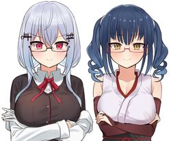  &gt;:) 2girls bare_shoulders bespectacled black-framed_eyewear black_cardigan blue_hair blush breast_hold breasts bridal_gauntlets cardigan choco_tanuki collared_shirt crossed_arms drill_hair elbow_gloves glasses gloves grey_hair hair_between_eyes hair_ornament hairclip hakase_fuyuki hakase_fuyuki_(1st_costume) highres jacket japanese_clothes kimono large_breasts long_hair long_sleeves looking_at_viewer low_twintails multiple_girls nijisanji obi off_shoulder open_clothes open_jacket red-framed_eyewear red_eyes red_gloves red_ribbon ribbon sash semi-rimless_eyewear shirt simple_background sleeveless sleeveless_kimono smug twintails under-rim_eyewear upper_body v-shaped_eyebrows virtual_youtuber white_background white_gloves white_jacket white_kimono white_shirt yamagami_karuta yamagami_karuta_(1st_costume) yellow_eyes 