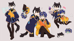  &gt;_&lt; 2boys :p alternate_costume anger_vein animal_ears aqua_eyes astel_leda bk0416_v black_bodysuit black_hair blonde_hair blue_coat blue_hair bodysuit bread bread_slice chair chibi coat crossed_legs cup food fried_egg fried_egg_on_toast full_body hand_up highres hologram holographic_interface holostars jackal_ears jackal_tail kageyama_shien male_focus messy_hair multicolored_hair multiple_boys multiple_views plate short_hair sitting spoken_anger_vein standing streaked_hair surprised toast tongue tongue_out virtual_youtuber whispering white_hair wide-eyed yellow_coat yellow_eyes 