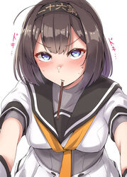  absurdres ahoge akizuki_(kancolle) black_sailor_collar blue_eyes blush brown_hair clothes_writing commentary_request corset female food food_in_mouth hachimaki hairband headband highres holding holding_food incoming_pocky_kiss kantai_collection kiritto looking_at_viewer mouth_hold neckerchief necktie orange_necktie pocky pocky_day sailor_collar school_uniform serafuku short_sleeves solo sweatdrop upper_body 