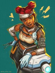  apex_legends arm_tattoo arm_warmers artist_name black_pants blue_gloves breasts brown_eyes cleavage d.o.c._health_drone double_bun drumsticks english_commentary female freckles gloves hair_bun headset heart highres holding holding_drumsticks lifeline_(apex_legends) lightning_bolt_symbol mask_around_one_ear medium_breasts pants red_hair robot smile solo tank_top tattoo thick_lips vincent_(recyclevin_exe) yellow_tank_top 