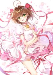  :d blush brown_hair card cardcaptor_sakura choker clamp_(circle)_(style) clow_card dress feet_out_of_frame female frilled_choker frills green_eyes hair_ribbon holding holding_card kinomoto_sakura layered_dress legwear_garter looking_at_viewer magical_girl open_mouth petals pingo pink_ribbon puffy_short_sleeves puffy_sleeves ribbon short_sleeves single_thighhigh smile solo star_(symbol) teeth thighhighs two_side_up upper_teeth_only white_dress white_thighhighs 