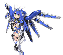  blue_hair breasts char&#039;s_counterattack char&#039;s_counterattack_-_beltorchika&#039;s_children cleavage clothing_cutout female fin_funnels from_above green_eyes gundam hand_on_own_chest hi-nu_gundam highres humanization i.takashi long_hair looking_at_viewer looking_up mecha_musume mechanical_wings science_fiction solo stomach_cutout v-fin wings 