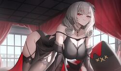  absurdres all_fours azur_lane black_dress blush breasts bright_pupils cleavage curtains detached_sleeves dress english_commentary female grey_hair highres indoors jeze large_breasts licking_lips long_sleeves looking_at_viewer luetzow_(azur_lane) luetzow_(everlasting_blood_banquet)_(azur_lane) medium_hair narrowed_eyes official_alternate_costume skindentation solo thighhighs thighs tongue tongue_out white_pupils window 