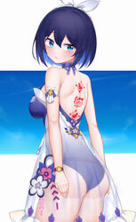  :t absurdres ass back_tattoo bare_shoulders blue_eyes blue_hair blue_sky breasts female highres hongshi_(13234456009) honkai_(series) honkai_impact_3rd looking_at_viewer looking_back one-piece_swimsuit pout purple_one-piece_swimsuit see-through see-through_shirt seele_vollerei shirt short_hair sideboob sky solo swimsuit tattoo 