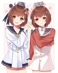  2girls anchor_symbol blue_sailor_collar blush brown_eyes brown_hair buttons closed_mouth cowboy_shot dress dual_persona flower grey_neckerchief hair_flower hair_ornament kantai_collection kozu_(bloomme1_me) long_sleeves multiple_girls neckerchief open_mouth pink_flower sailor_collar sailor_dress short_hair smile tan_yang_(kancolle) white_dress yukikaze_(kancolle) 