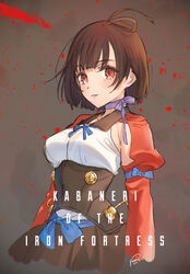  blush breasts brown_hair choker copyright_name female kippu koutetsujou_no_kabaneri looking_at_viewer medium_breasts mumei_(kabaneri) parted_lips purple_ribbon red_eyes ribbon ribbon_choker sash short_hair signature solo upper_body 