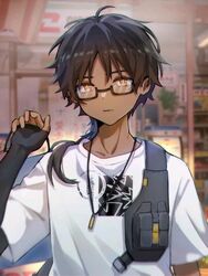  1boy arknights bag bishounen black-framed_eyewear black_gloves brown_hair closed_mouth dark-skinned_male dark_skin elbow_gloves fingerless_gloves glasses gloves hair_over_shoulder highres holding holding_bag indoors jewelry long_hair looking_at_viewer low_ponytail maisuiren male_focus necklace official_alternate_costume orange_eyes semi-rimless_eyewear shirt shopping_bag short_sleeves single_glove solo thorns_(arknights) thorns_(comodo)_(arknights) under-rim_eyewear white_shirt 