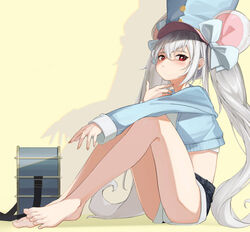  animal_ears ass bad_id bad_pixiv_id barefoot blush commentary commission dungeon_and_fighter feet female grey_hair hat highres korean_commentary legs lifeff long_hair looking_at_viewer midriff mouse_ears pixiv_commission red_eyes shako_cap shorts sitting solo spread_toes timitarcat toenails toes twintails very_long_hair 