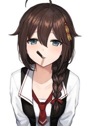  ahoge blue_eyes blush braid brown_hair chocolate female food food_in_mouth hair_flaps hair_ornament hair_over_shoulder incoming_pocky_kiss kantai_collection long_hair looking_at_viewer mouth_hold necktie pocky pocky_day red_necktie ribbon sha_(isago) shigure_(kancolle) shigure_kai_ni_(kancolle) shirt simple_background single_braid solo upper_body white_background white_shirt 