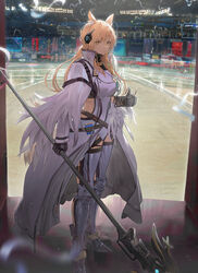  animal_ear_fluff animal_ears arknights armor blonde_hair cloak commentary female full_body grey_legwear highres holding holding_polearm holding_weapon horse_ears implied_extra_ears indoors koio long_hair nearl_(arknights) nearl_the_radiant_knight_(arknights) official_alternate_costume polearm ponytail shirt solo stadium standing symbol-only_commentary thumbs_up weapon white_cloak white_shirt yellow_eyes 