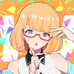  :o adjusting_eyewear black_sailor_collar blonde_hair blue_nails bracelet breasts cherry_earrings commentary earrings female finger_to_own_chin flower_bracelet food-themed_earrings glasses highres jewelry looking_at_viewer mochamillll multicolored_nails nail_polish naruse_yuu portrait purple_eyes red-framed_eyewear red_nails ribbed_sweater ring sailor_collar short_hair sleeveless sleeveless_sweater solo star_(symbol) sweater watashi_ga_motenai_no_wa_dou_kangaetemo_omaera_ga_warui! white_sweater 