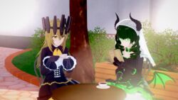  2girls 3d black_rock_shooter chariot_(black_rock_shooter) cup dead_master grass green_wings koikatsu_(medium) multiple_girls otcha_(18950690) reading table teacup wings yuri 