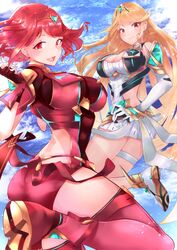  2girls :d absurdres ass bare_legs bare_shoulders black_gloves blonde_hair breasts chest_jewel cleavage cleavage_cutout clothing_cutout commentary_request dress earrings elbow_gloves fingerless_gloves gloves highres jewelry large_breasts long_hair looking_at_viewer looking_back multiple_girls mythra_(xenoblade) open_mouth pyra_(xenoblade) red_eyes red_footwear red_hair red_legwear red_shorts risumi_(taka-fallcherryblossom) short_dress short_hair short_shorts shorts smile swept_bangs thigh_strap thighhighs tiara white_background white_dress white_footwear white_gloves xenoblade_chronicles_(series) xenoblade_chronicles_2 yellow_eyes 