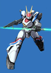  absurdres blue_background d-1 double-blade energy_sword glowing glowing_eyes gun highres holding holding_gun holding_sword holding_weapon kikou_senki_dragonar lens_flare looking_at_viewer mecha mercy_rabbit no_humans robot science_fiction solo sword weapon yellow_eyes 