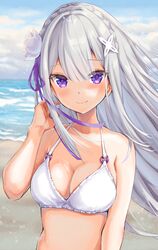  alternate_costume bare_shoulders beach bikini blush braid breasts cleavage collarbone commentary emilia_(re:zero) female flower grey_hair hair_flower hair_ornament hair_ribbon hand_up highres large_breasts long_hair outdoors purple_eyes purple_ribbon re:zero_kara_hajimeru_isekai_seikatsu ribbon smile solo swimsuit tarunyan upper_body white_bikini white_flower x_hair_ornament 