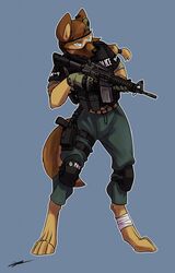  anthro assault_rifle bandage barefoot brown_body brown_fur canid canine canis clothed clothing domestic_dog earpiece feet female fur gasmaskfox german_shepherd gloves gretta_(gasmaskfox) gun handgun handwear herding_dog hi_res holster knee_pads m4 mammal pastoral_dog pistol police police_uniform ranged_weapon rifle solo tactical_gear tail uniform visor weapon 