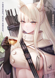  animal_ears arknights arrow_(projectile) bad_id bad_pixiv_id binggong_asylum black_gloves breasts chinese_commentary commentary_request cup female gloves hand_up highres holding holding_cup jacket kingdom_of_kazimierz_logo large_breasts long_hair looking_at_viewer midriff parted_lips platinum_(arknights) quiver solo teacup translated upper_body white_hair white_jacket yellow_eyes 