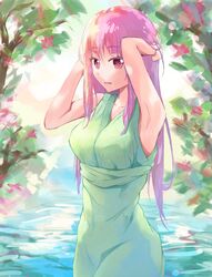  alternate_costume armpits arms_behind_head arms_up branch breasts collarbone commentary day dress female flower green_dress highres hololive hololive_english long_hair looking_at_viewer looking_to_the_side mori_calliope open_mouth outdoors pink_flower pink_hair red_eyes shironekokfp sky solo standing tree virtual_youtuber water 