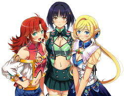  3girls black_eyes blonde_hair blue_eyes breasts brown_eyes cleavage clothing_cutout commentary_request crop_top double_bun festenia_muse garimpeiro gimp_(medium) green_eyes hair_bun highres katia_grineal long_hair medium_hair melua_melna_meia midriff multiple_girls open_hand red_hair short_hair stomach_cutout super_robot_wars super_robot_wars_judgement super_robot_wars_og_moon_dwellers super_robot_wars_original_generation thighhighs twintails white_background 