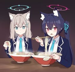  2girls absurdres ai_drawing_anime_characters_eating_ramen_(meme) animal_ear_fluff animal_ears bad_id bad_twitter_id black_hair blue_archive blue_eyes blue_jacket blue_necktie bowl brown_background cat_ears chopsticks closed_mouth eating food goyain gradient_background grey_hair halo highres holding holding_food jacket looking_at_viewer meandros meme mismatched_pupils multiple_girls necktie noodles open_mouth ramen red_eyes school_uniform serika_(blue_archive) shiroko_(blue_archive) shirt steam twintails upper_body white_shirt wolf_ears 