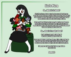  5:4 angelfs anthro apron avian beak bird black_hair brown_eyes clothed clothing columbid dove dress english_text female footwear furniture hair hi_res holding_object holding_plushie long_hair plushie shoes smile solo stool text white_body 