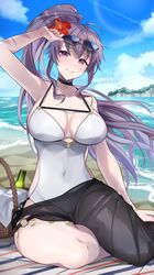  alternate_costume basket beach bottle breasts choker commission commissioner_upload female fire_emblem fire_emblem:_genealogy_of_the_holy_war flower hair_flower hair_ornament highres ishtar_(fire_emblem) large_breasts one-piece_swimsuit outdoors purple_eyes purple_hair sarong skeb_commission solo sunglasses swimsuit tobio_illust water white_one-piece_swimsuit 