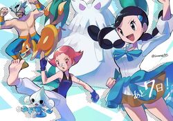  1boy 2girls :d abomasnow bandaid bandaid_on_arm bandaid_on_face bandaid_on_nose barefoot black_hair blue_gloves blue_legwear boots brown_skirt candice_(pokemon) clenched_hand clothes_around_waist commentary_request crasher_wake fingerless_gloves floating_hair floatzel gloves hair_ornament hairclip hands_up highres leggings long_hair mask maylene_(pokemon) meditite miniskirt multi-tied_hair multiple_girls muscular muscular_male open_mouth orange_footwear pink_eyes pink_hair pokemon pokemon_(creature) pokemon_dppt sawarabi_(sawarabi725) shirt short_hair skirt smile soles sweater sweater_around_waist teeth toes tongue topless_male twintails twitter_username white_shirt wristband 