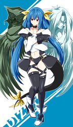  angel_wings asymmetrical_wings bare_shoulders belt blue_hair blush breasts center_opening character_name choker cleavage commentary_request commission detached_sleeves dizzy_(guilty_gear) female frown full_body green_wings guilty_gear guilty_gear_x guilty_gear_xx hair_between_eyes hair_ribbon hair_rings high_heels highres large_breasts leg_up long_sleeves looking_at_viewer midriff navel necro_(guilty_gear) puffy_long_sleeves puffy_sleeves red_eyes ribbon rise_(rise19851203) shoes skeb_commission solo tail twintails undine_(guilty_gear) white_background white_footwear white_wings wings yellow_ribbon 