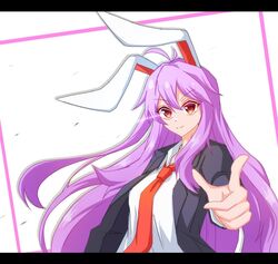  animal_ears blazer blouse collared_shirt female finger_gun hair_between_eyes jacket letterboxed light_purple_hair light_smile long_hair long_sleeves necktie open_clothes open_jacket pointing pointing_at_viewer purple_hair rabbit_ears red_eyes red_necktie reisen_udongein_inaba shirt simple_background solo tasuku_(tusktouhou4) touhou upper_body white_background white_shirt 