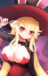  animal_ears blonde_hair bow breasts cleavage commentary_request cropped cup curvy dungeon_and_fighter female fortuneteller_rosaura hat heart heart-shaped_pupils highres holding holding_cup hwaryeok korean_commentary large_breasts leotard looking_at_viewer pantyhose playboy_bunny pouring pouring_onto_self rabbit_ears red_eyes red_leotard smile solo symbol-shaped_pupils thighs upper_body 