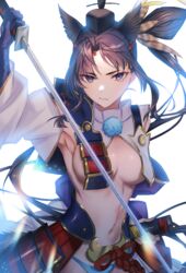  armor armpits asymmetrical_clothes asymmetrical_sleeves bare_shoulders black_hair blue_eyes blue_gloves blue_panties breast_curtains breasts detached_sleeves fate/grand_order fate_(series) feather_hair_ornament feathers female gloves hair_bun hair_ornament hat highres holding holding_sword holding_weapon japanese_armor katana katase_bono kusazuri large_breasts linea_alba long_hair looking_at_viewer mismatched_sleeves navel panties parted_bangs revealing_clothes showgirl_skirt side_ponytail sidelocks single_side_bun solo stomach sword tate_eboshi underwear ushiwakamaru_(fate) weapon white_sleeves 