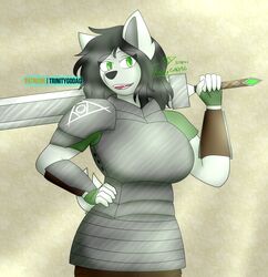  2023 absurd_res amnisia_(trinitygodag) anthro armor armor_plates black_hair black_nose boob_armor canid canine canis clothing digital_drawing_(artwork) digital_media_(artwork) emblem female fur gloves greatsword green_eyes hair handwear hi_res light lighting mammal patreon plate_skirt platemail shaded short_tail shoulder_length_hair signature smile solo tail trinitygodag weapon_on_shoulder wolf 