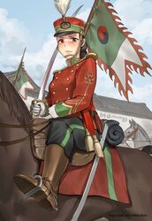  black_eyes black_hair black_pants blue_sky boots brown_footwear buttons cavalier_hat cavalry closed_mouth cloud cloudy_sky double-breasted female flag geumsu gloves hat hat_ornament holding holding_reins holding_sword holding_weapon horse horseback_riding imperial_korean_army imperial_korean_flag jacket korea korean_empire long_hair long_sleeves looking_at_viewer military military_hat military_jacket military_uniform original outdoors pants ponytail red_hat red_jacket reins riding saber_(weapon) saddle sheath sitting sky solo stirrups_(riding) sword uniform unsheathed weapon white_gloves 