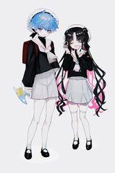  1boy :d absurdres backpack bag beret black_footwear black_hair black_shirt blouse blue_eyes blue_hair camera cardcaptor_sakura closed_eyes commentary cosplay daidouji_tomoyo daidouji_tomoyo_(cosplay) double_bun facial_mark fate/extra fate/extra_ccc fate/grand_order fate_(series) female forehead_mark forehead_tattoo full_body fuuin_no_tsue grey_shorts grey_skirt hair_bun hand_on_own_cheek hand_on_own_face hans_christian_andersen_(fate) hat highres holding holding_camera holding_staff li_syaoran li_syaoran_(cosplay) lolicon long_hair long_sleeves looking_at_viewer multicolored_hair open_mouth over-kneehighs pantyhose parted_bangs parted_lips pink_hair pith_u randoseru red_bag sailor_collar sailor_shirt school_uniform serafuku sessyoin_kiara sessyoin_kiara_(lily) shirt short_hair shorts simple_background skirt smile staff standing streaked_hair sweat thighhighs tomoeda_elementary_school_uniform turtleneck two-tone_hair very_long_hair video_camera wavy_hair white_background white_headwear white_pantyhose white_thighhighs 