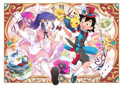  1boy :d apron black_hair blue_eyes blush buttons card clothed_pokemon commentary cup dawn_(pokemon) dododo_dadada dress eye_contact female hair_ornament hairclip hand_grab hat holding holding_spoon knees looking_at_another mouth_hold open_mouth pikachu pink_dress piplup playing_card pokemon pokemon_(anime) pokemon_(creature) pokemon_dppt_(anime) pokemon_on_arm puffy_shorts red_headwear satoshi_(pokemon) shoes short_sleeves shorts sidelocks smile socks spoon teacup teapot tongue top_hat vest white_legwear 