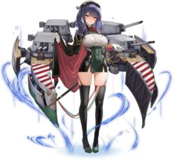  aiguillette azur_lane beret between_breasts black_cloak black_hair black_hat black_thighhighs blush bra_visible_through_clothes breasts buttons cannon cape character_name cleavage cloak closed_mouth covered_navel dress female fire framed_breasts full_body glint gloves gradient_hair green_dress green_footwear grin hand_on_hilt hand_up hat heart high_heels highres huge_breasts italian_flag long_hair long_sleeves medal military military_uniform multicolored_hair official_art pola_(azur_lane) purple_hair red_eyes rigging saber_(weapon) sheath sheathed short_dress side_slit sidelocks skindentation sleeve_cuffs smile solo standing sword tachi-e taut_clothes taut_dress thighhighs transparent_background turret uniform weapon white_gloves yunsang 