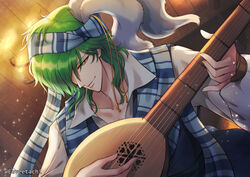  1boy absurdres artist_name blue_vest collarbone commentary_request dutch_angle eeveetachi fire_emblem fire_emblem:_genealogy_of_the_holy_war green_eyes green_hair head_scarf highres holding holding_instrument indoors instrument lewyn_(fire_emblem) light_particles long_sleeves lute_(instrument) male_focus music partial_commentary playing_instrument shirt short_hair smile solo twitter_username upper_body vest white_shirt 