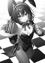  :t animal_ears breasts commentary_request female fishnet_pantyhose fishnets food greyscale highres holding holding_plate leotard monochrome official_art pantyhose plate playboy_bunny rabbit_ears ribbon sandwich second-party_source seiken_gakuin_no_maken_tsukai shary_corvette short_hair small_breasts toosaka_asagi wrist_cuffs 