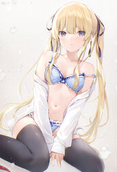  6u_(eternal_land) bare_shoulders between_legs black_thighhighs blonde_hair blue_bra blue_eyes blue_panties bra breasts closed_mouth collarbone female hair_ribbon long_hair long_sleeves looking_at_viewer medium_breasts no_pants off_shoulder open_clothes open_shirt panties ribbon saenai_heroine_no_sodatekata sawamura_spencer_eriri shirt sitting solo strap_slip thighhighs twintails underwear very_long_hair wariza white_shirt 